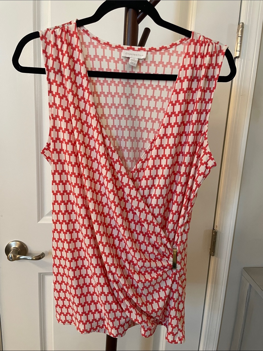 Charter Club Orange and White Geometric Sleeveless Wrap Top